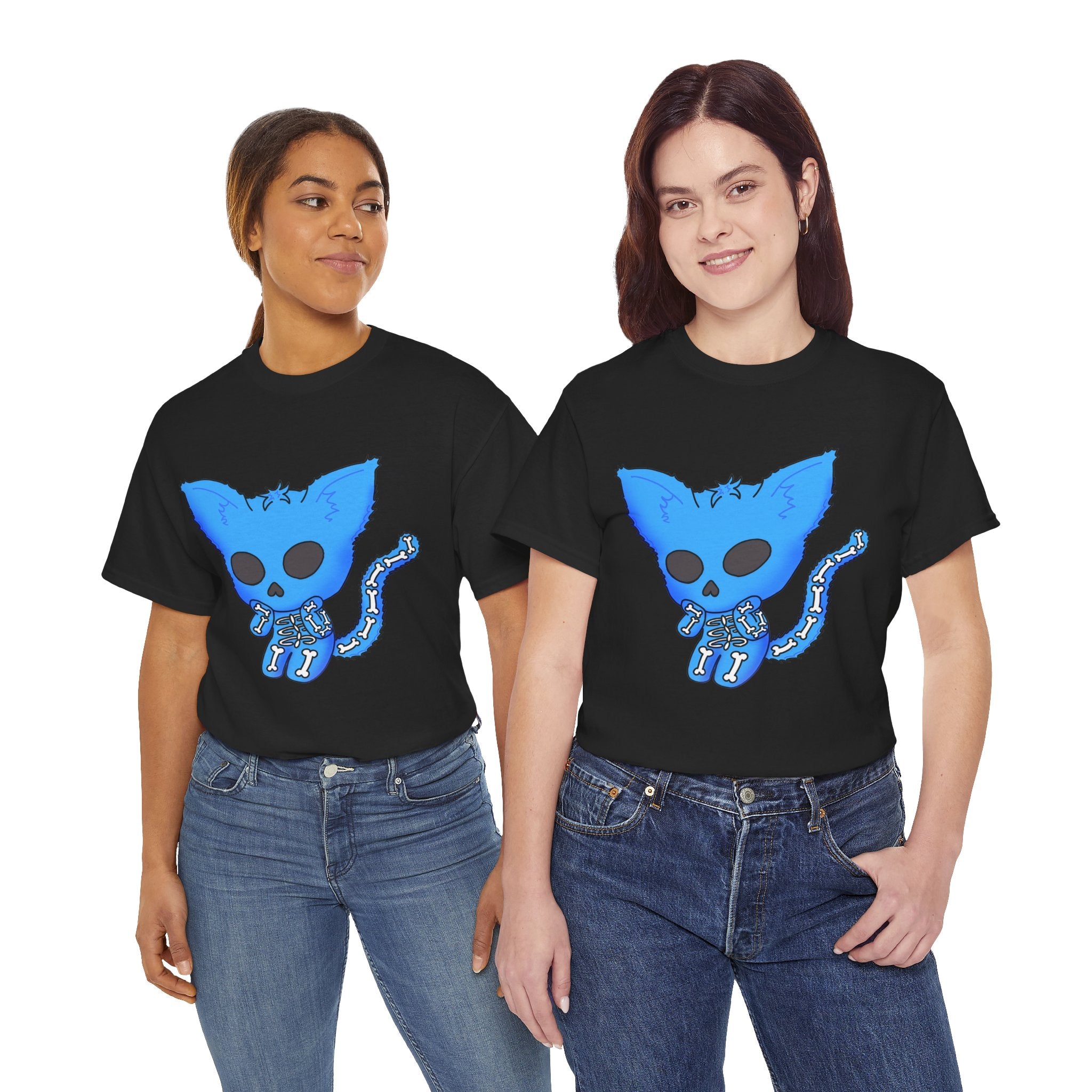 Blue Skeleton Cat Graphic Tee - Cute Creepy Kitty Shirt - 100% Cotton