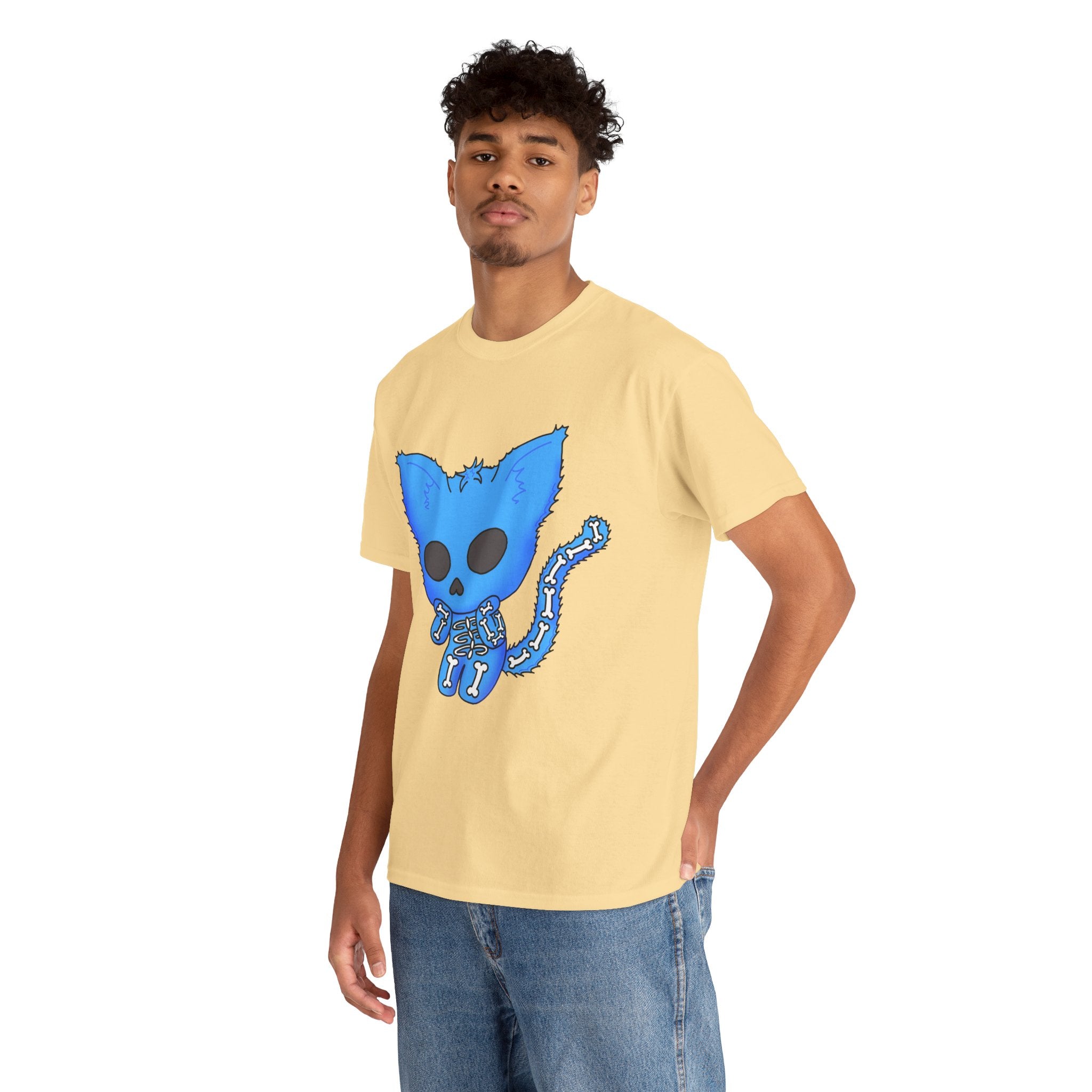 Blue Skeleton Cat Graphic Tee - Cute Creepy Kitty Shirt - 100% Cotton
