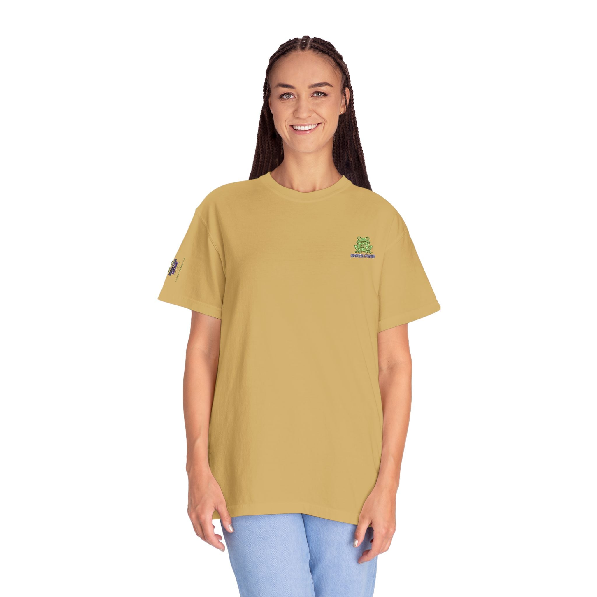 Brain Frog Embroidered Signature T-Shirt — Chest & Sleeve Motif Graphic Tee - 100% Cotton