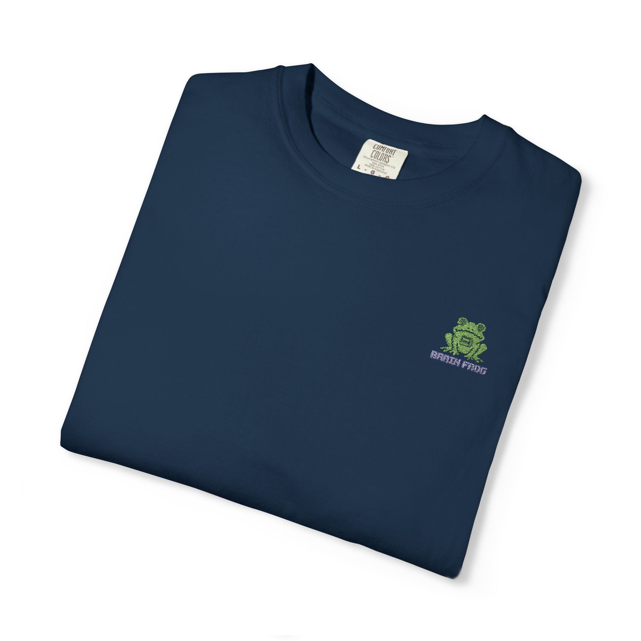 Brain Frog Embroidered Signature T-Shirt — Chest & Sleeve Motif Graphic Tee - 100% Cotton