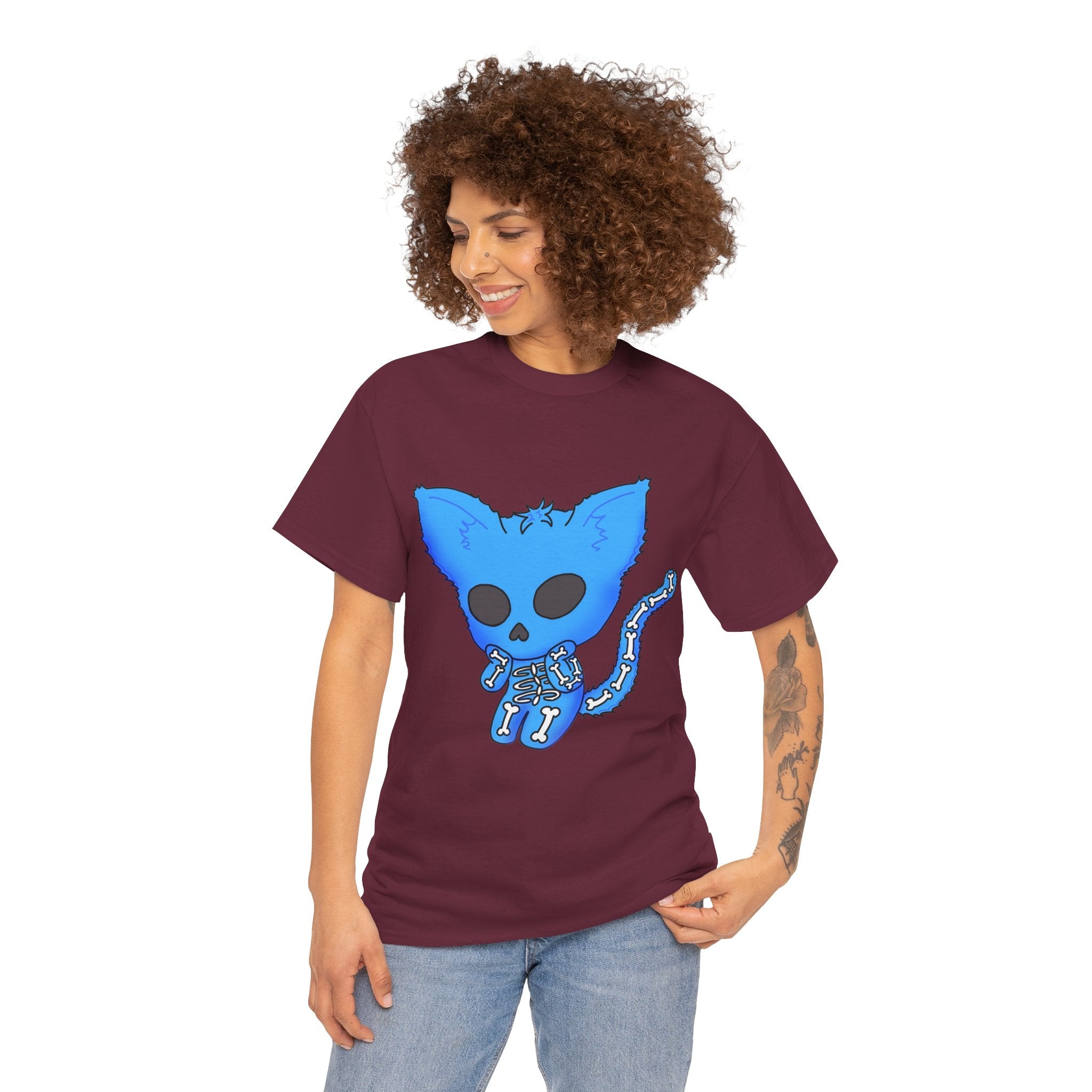 Blue Skeleton Cat Graphic Tee - Cute Creepy Kitty Shirt - 100% Cotton