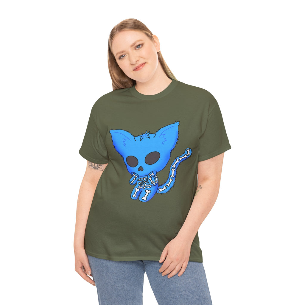 Blue Skeleton Cat Graphic Tee - Cute Creepy Kitty Shirt - 100% Cotton