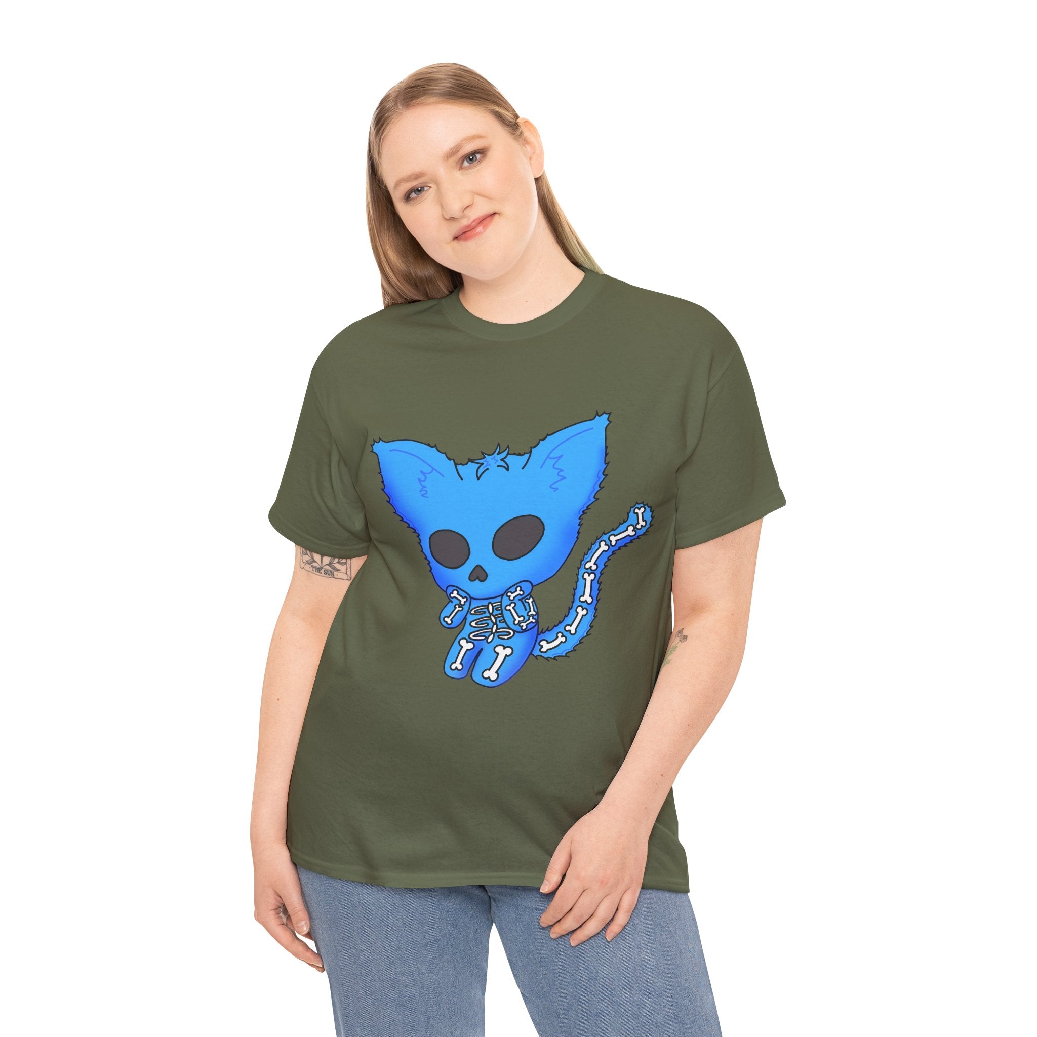 Blue Skeleton Cat Graphic Tee - Cute Creepy Kitty Shirt - 100% Cotton