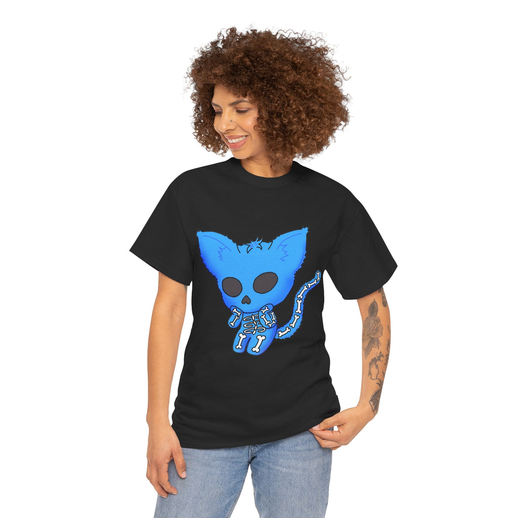Blue Skeleton Cat Graphic Tee - Cute Creepy Kitty Shirt - 100% Cotton