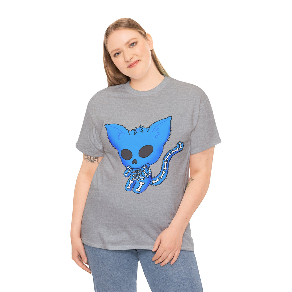 Blue Skeleton Cat Graphic Tee - Cute Creepy Kitty Shirt - 100% Cotton