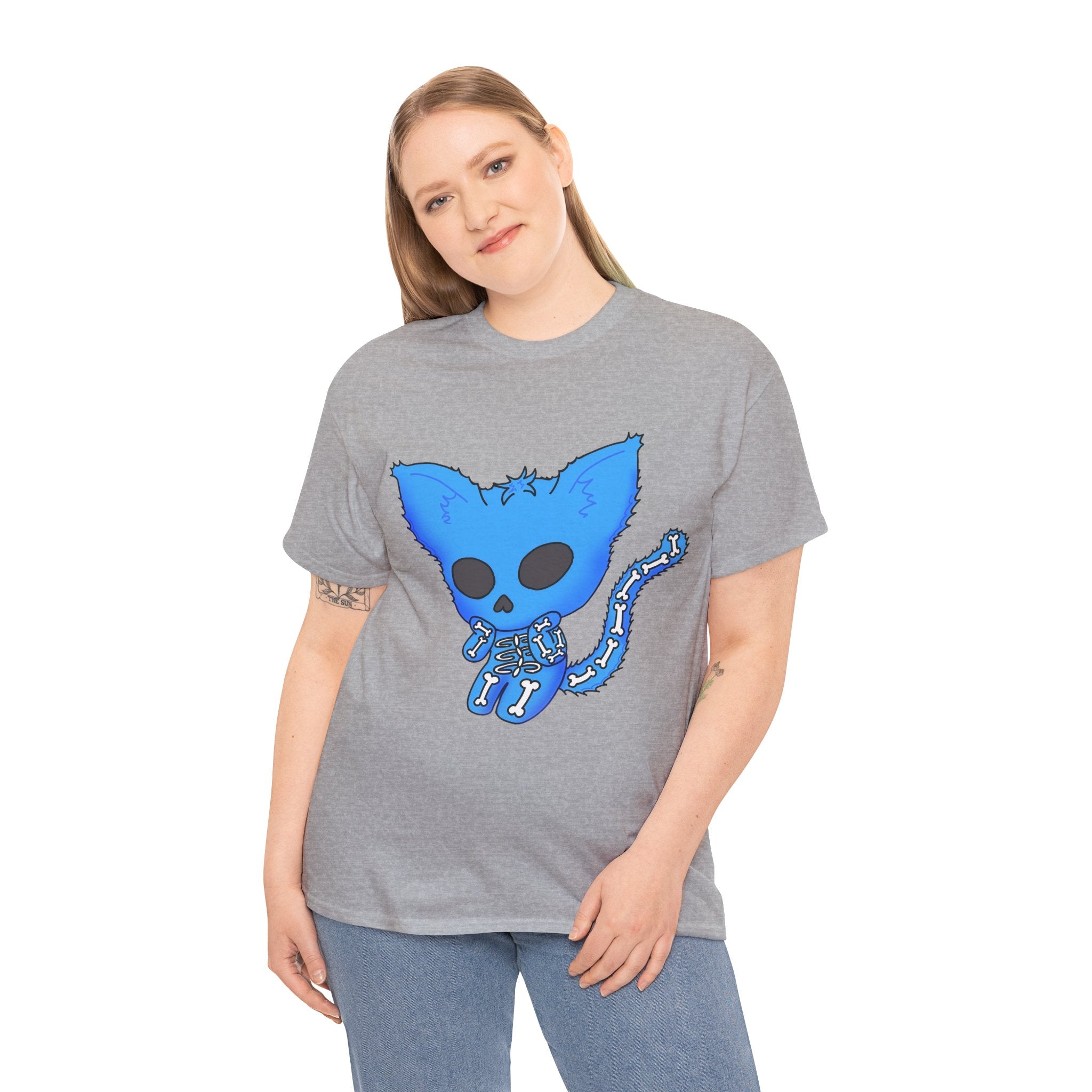 Blue Skeleton Cat Graphic Tee - Cute Creepy Kitty Shirt - 100% Cotton