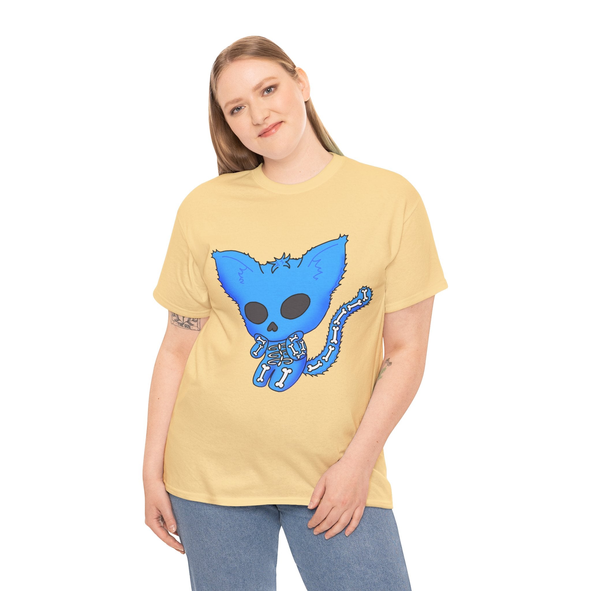 Blue Skeleton Cat Graphic Tee - Cute Creepy Kitty Shirt - 100% Cotton