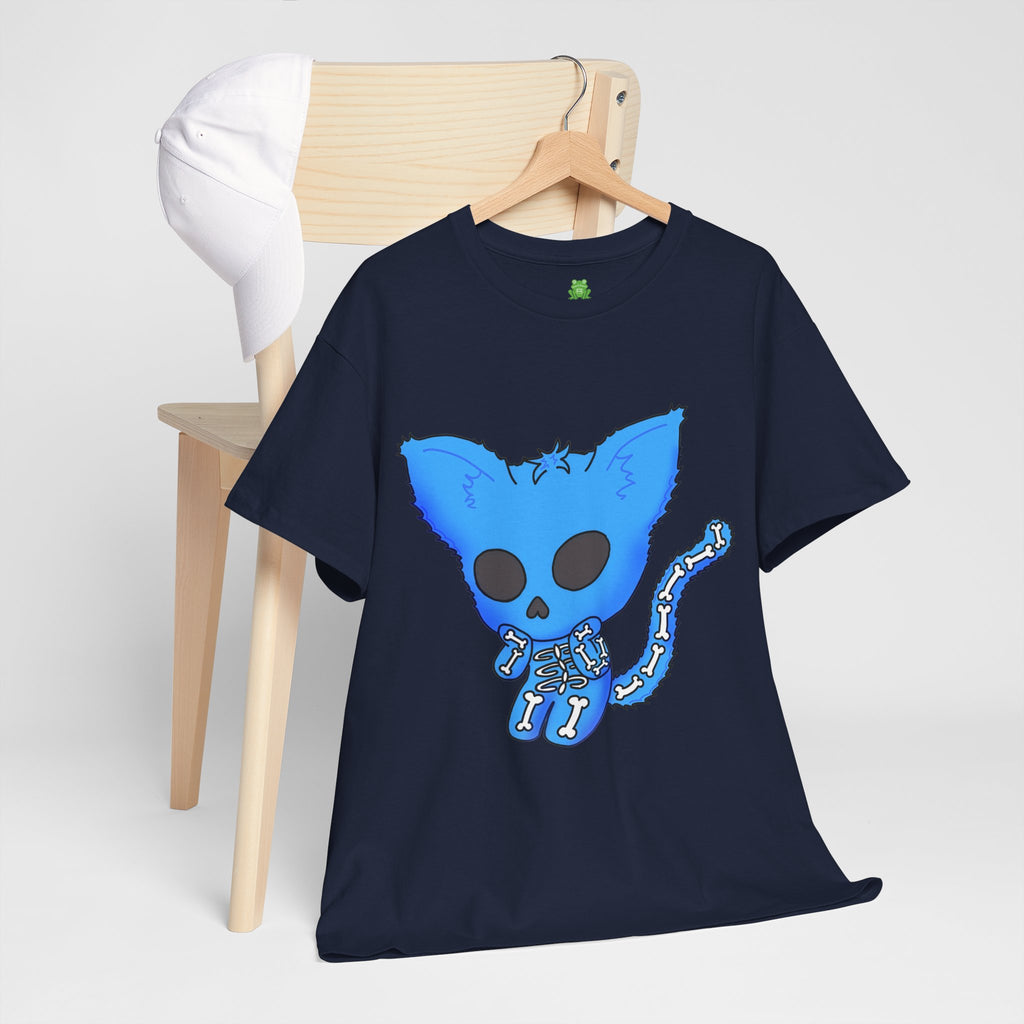 Blue Skeleton Cat Graphic Tee - Cute Creepy Kitty Shirt - 100% Cotton