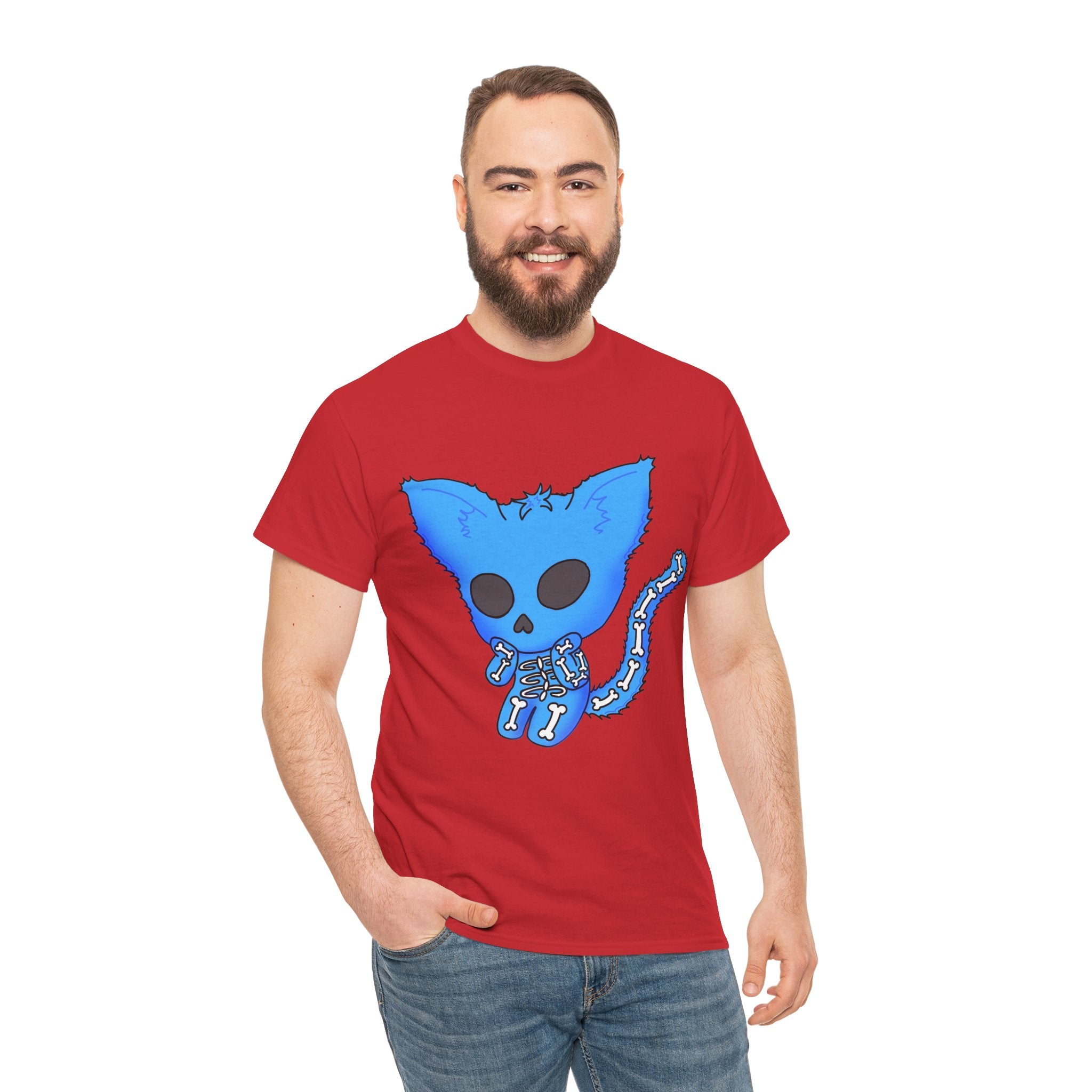 Blue Skeleton Cat Graphic Tee - Cute Creepy Kitty Shirt - 100% Cotton