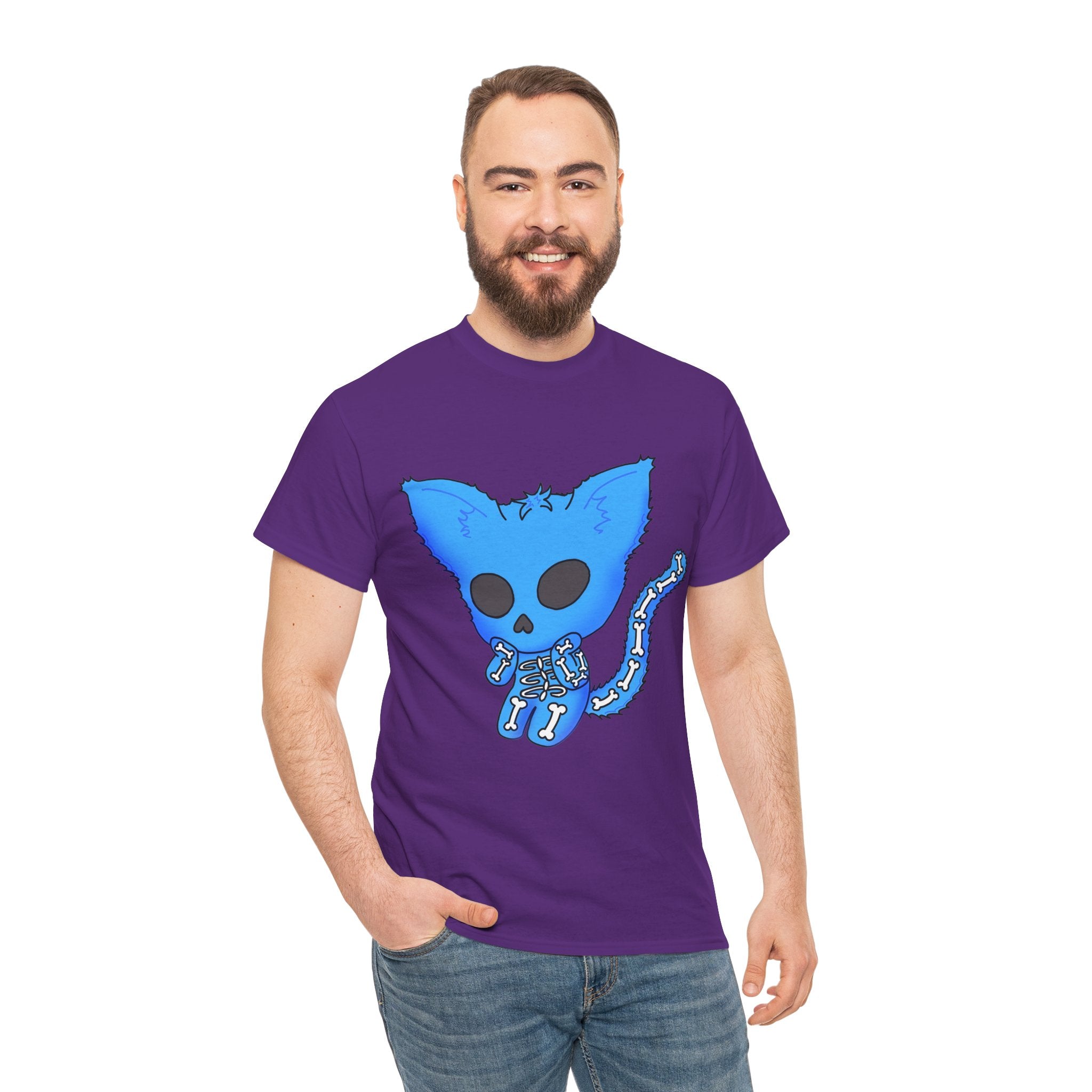 Blue Skeleton Cat Graphic Tee - Cute Creepy Kitty Shirt - 100% Cotton