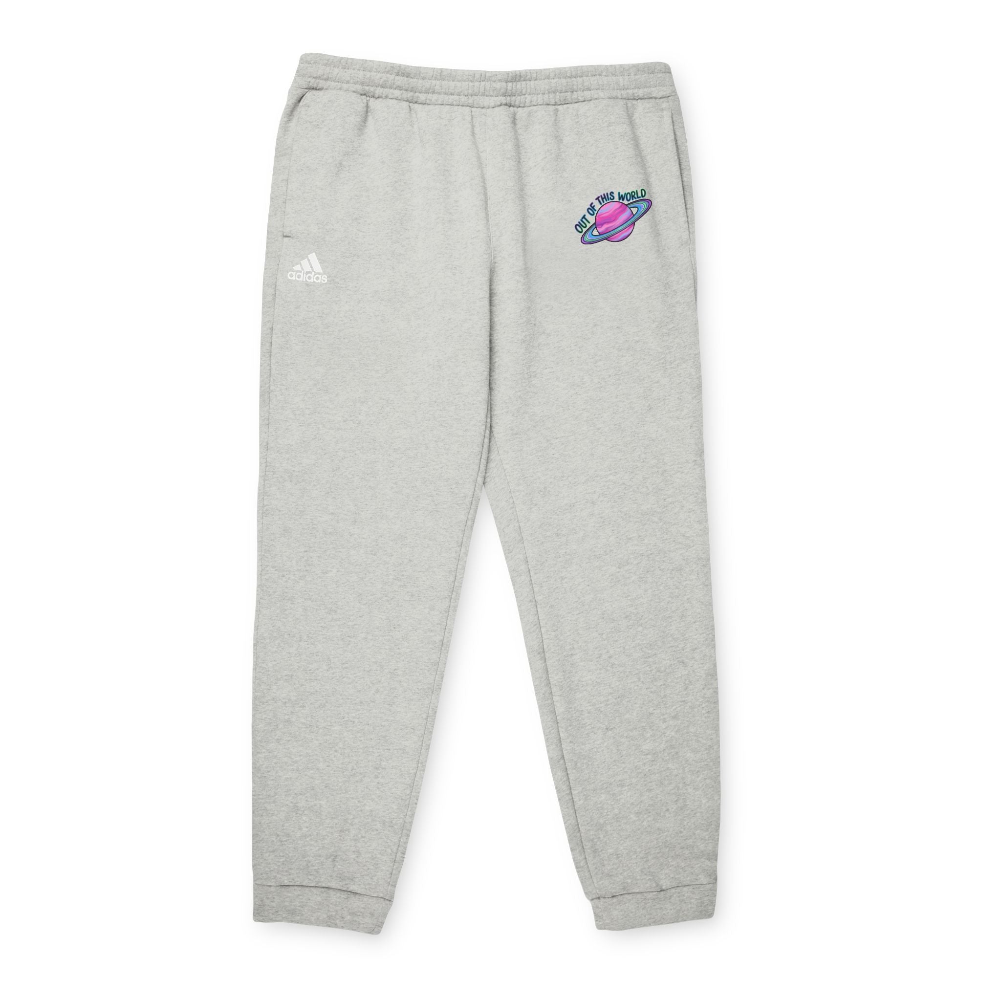 Planet Patch Joggers — Grey Fleece Sweatpants with Retro Space Graphic