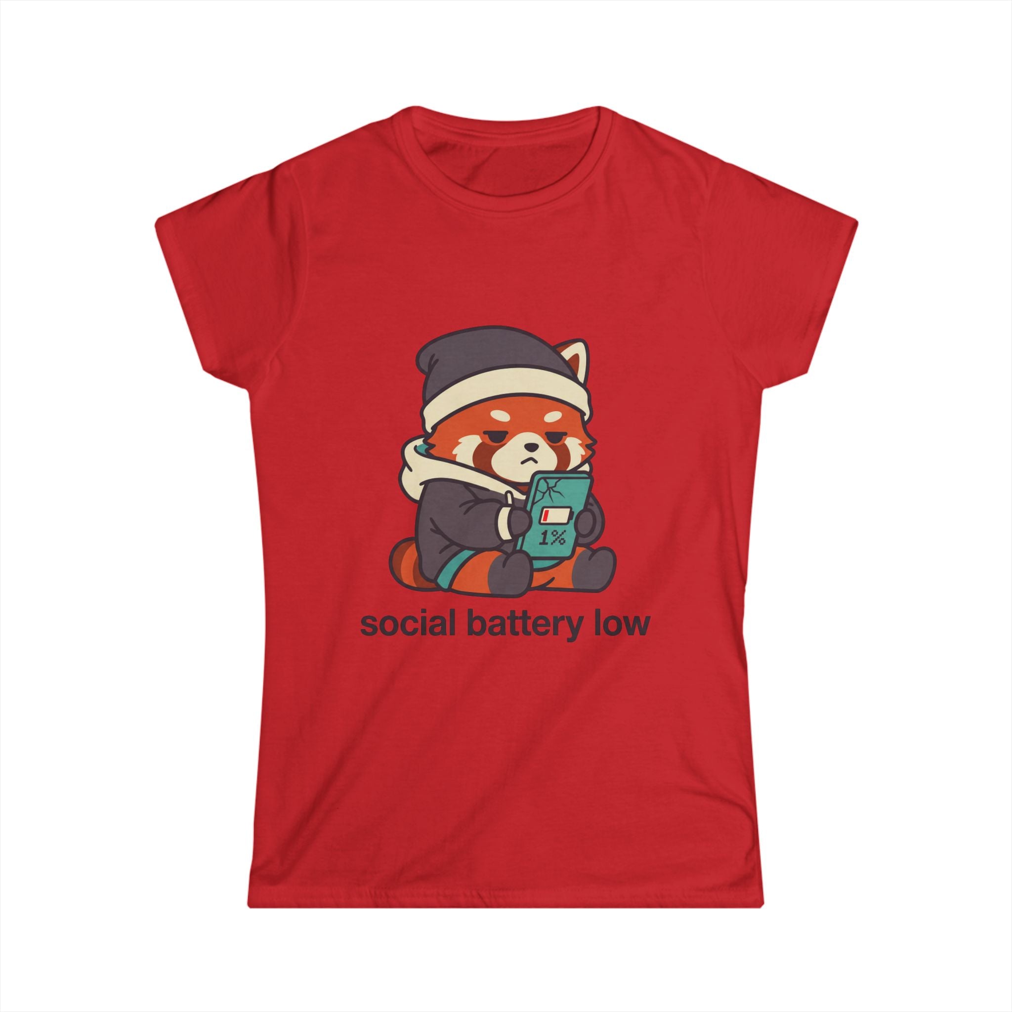 Social Battery Low Tee - Cute Red Panda Graphic Women's Casual T-Shirt - 100% Cotton - Various Colours