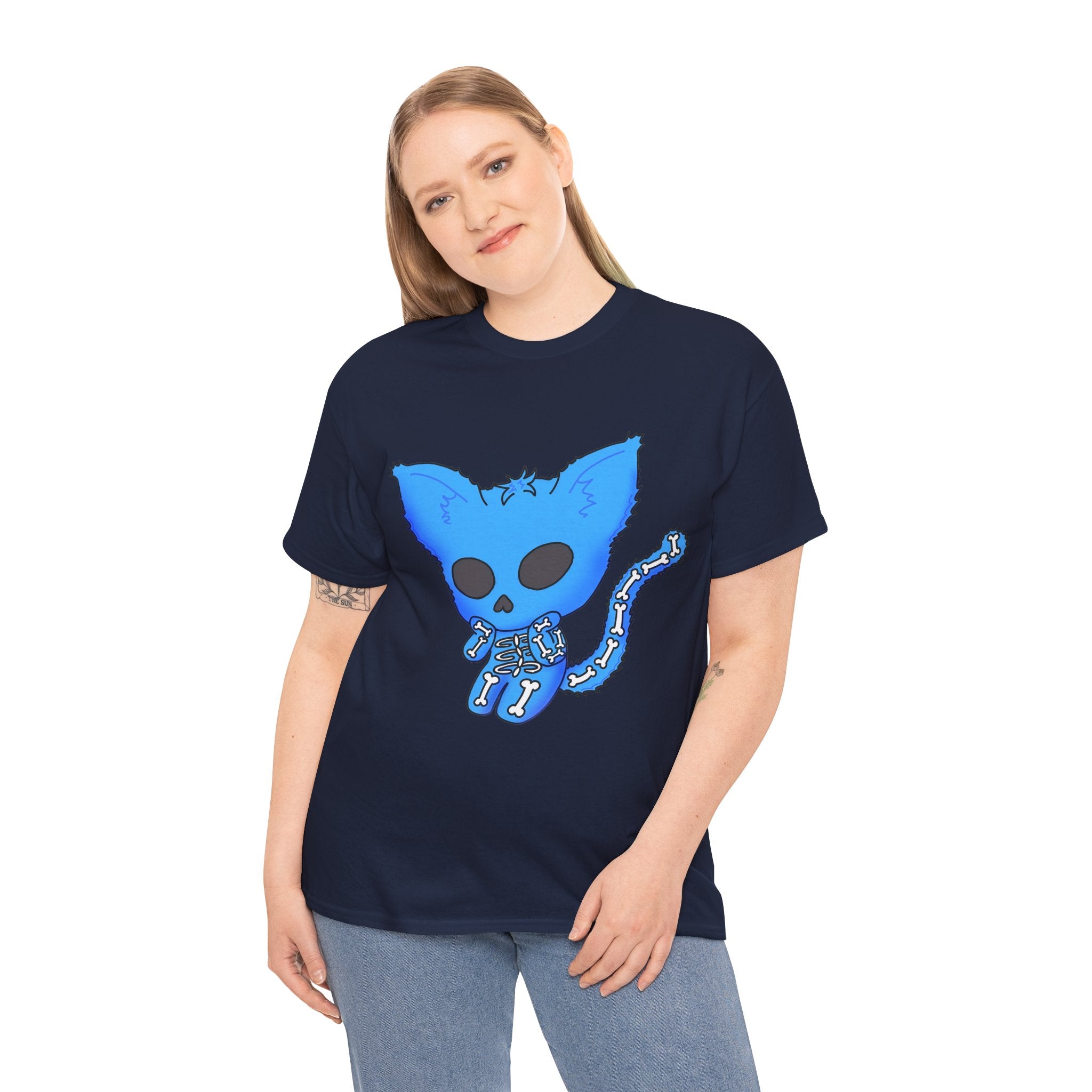 Blue Skeleton Cat Graphic Tee - Cute Creepy Kitty Shirt - 100% Cotton