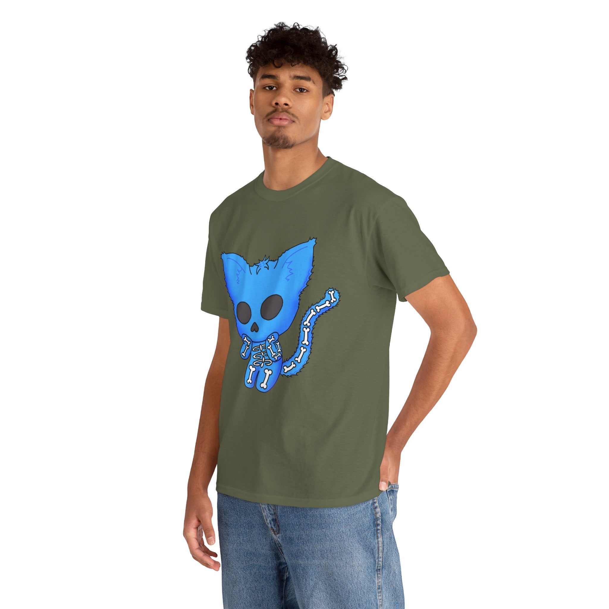 Blue Skeleton Cat Graphic Tee - Cute Creepy Kitty Shirt - 100% Cotton