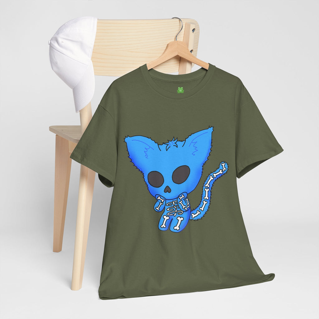 Blue Skeleton Cat Graphic Tee - Cute Creepy Kitty Shirt - 100% Cotton