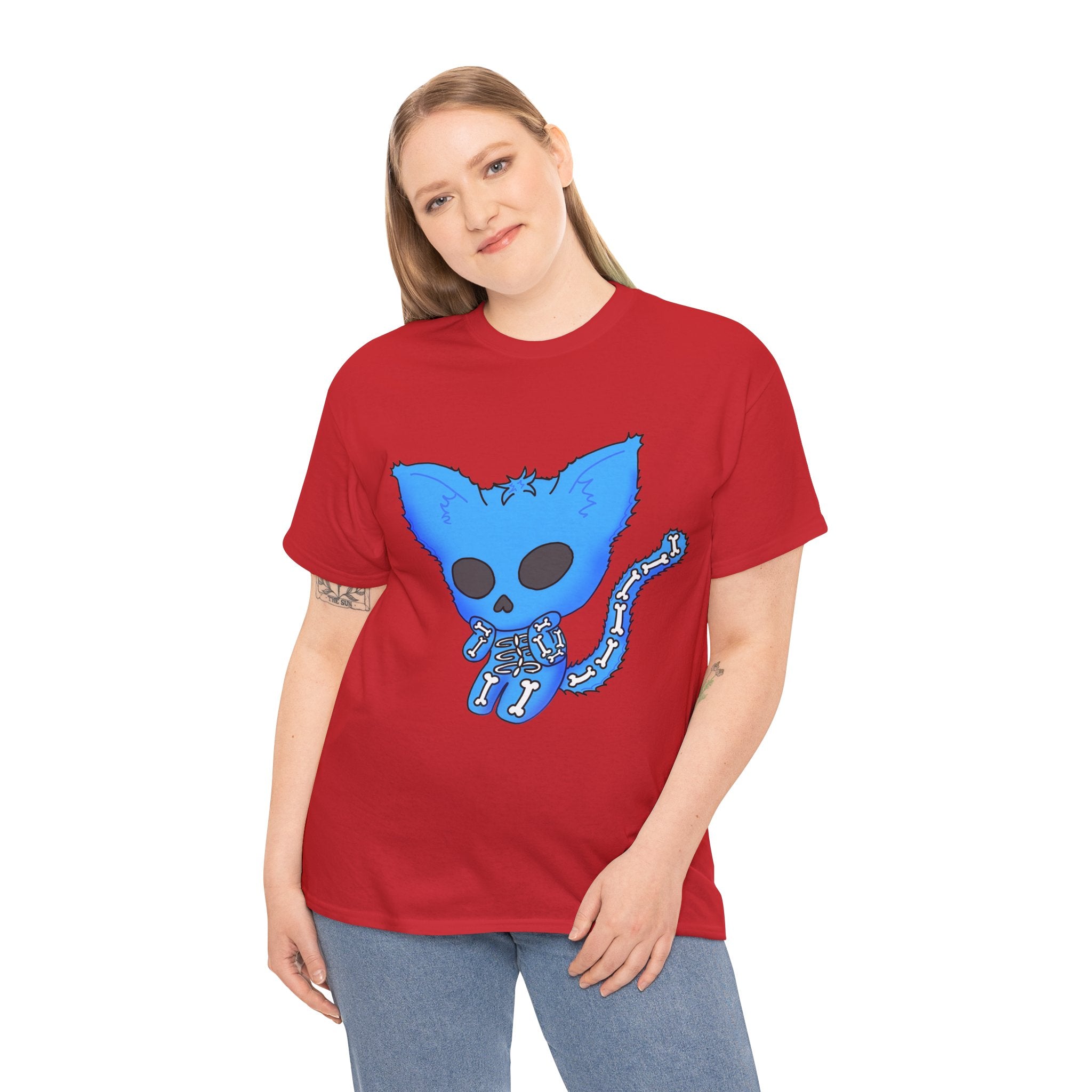 Blue Skeleton Cat Graphic Tee - Cute Creepy Kitty Shirt - 100% Cotton
