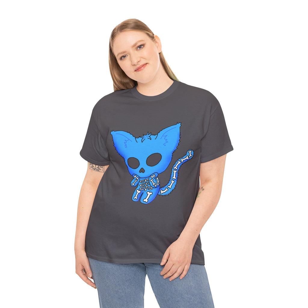 Blue Skeleton Cat Graphic Tee - Cute Creepy Kitty Shirt - 100% Cotton
