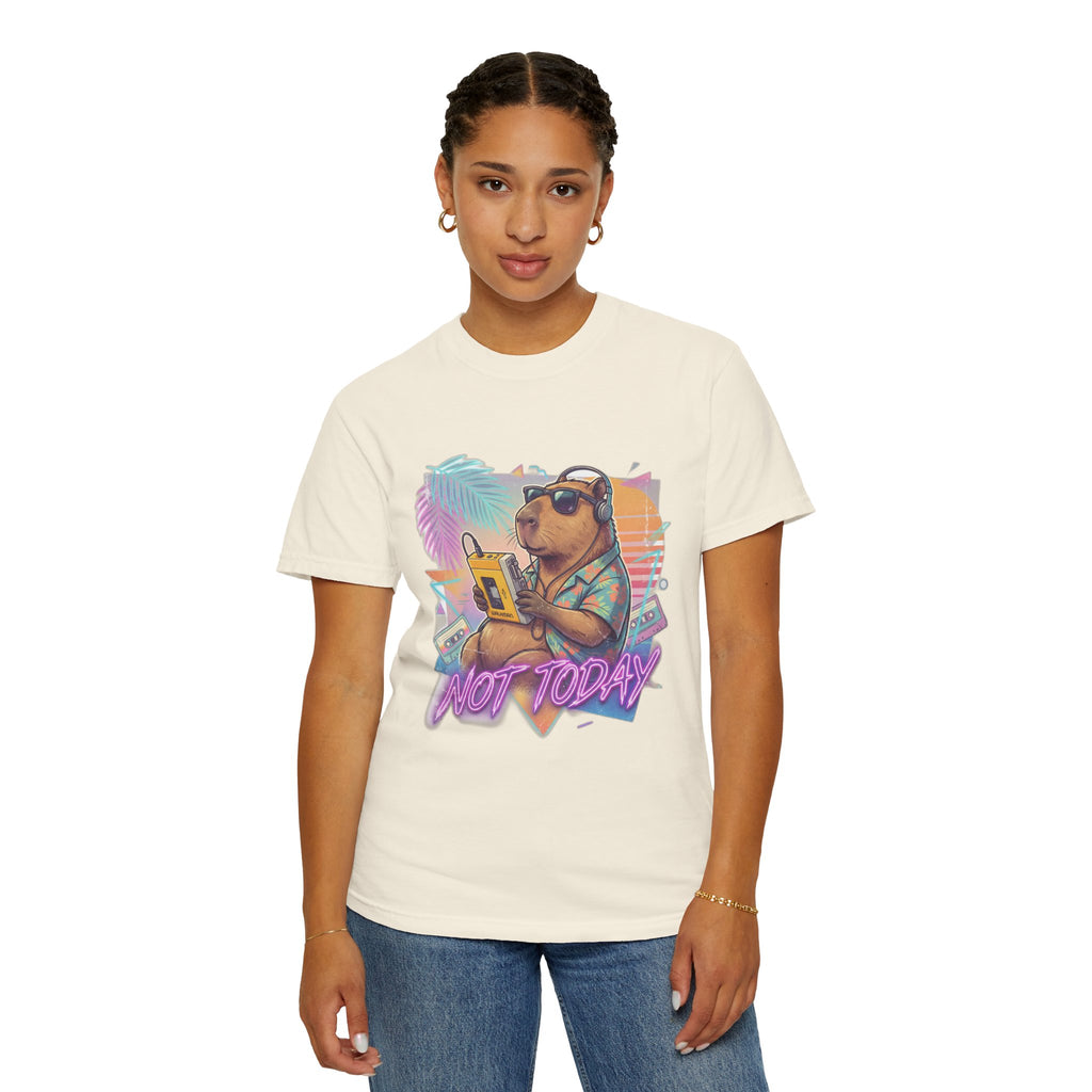 Vintage 80s Capybara T-Shirt — 'NOT TODAY' Neon Walkman Design - 100% Cotton