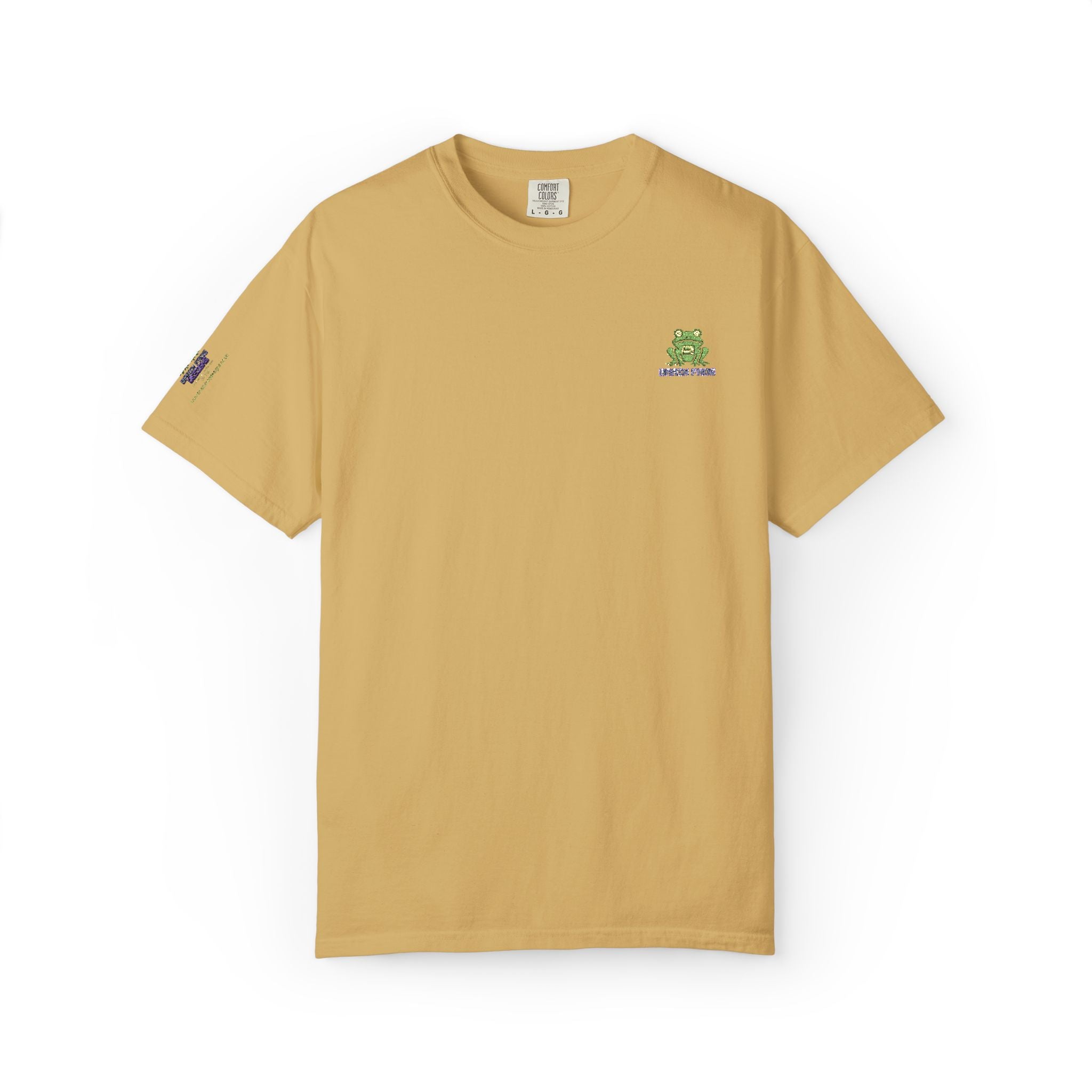 Brain Frog Embroidered Signature T-Shirt — Chest & Sleeve Motif Graphic Tee - 100% Cotton