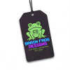Black tag with a green frog graphic and colorful text on a white background